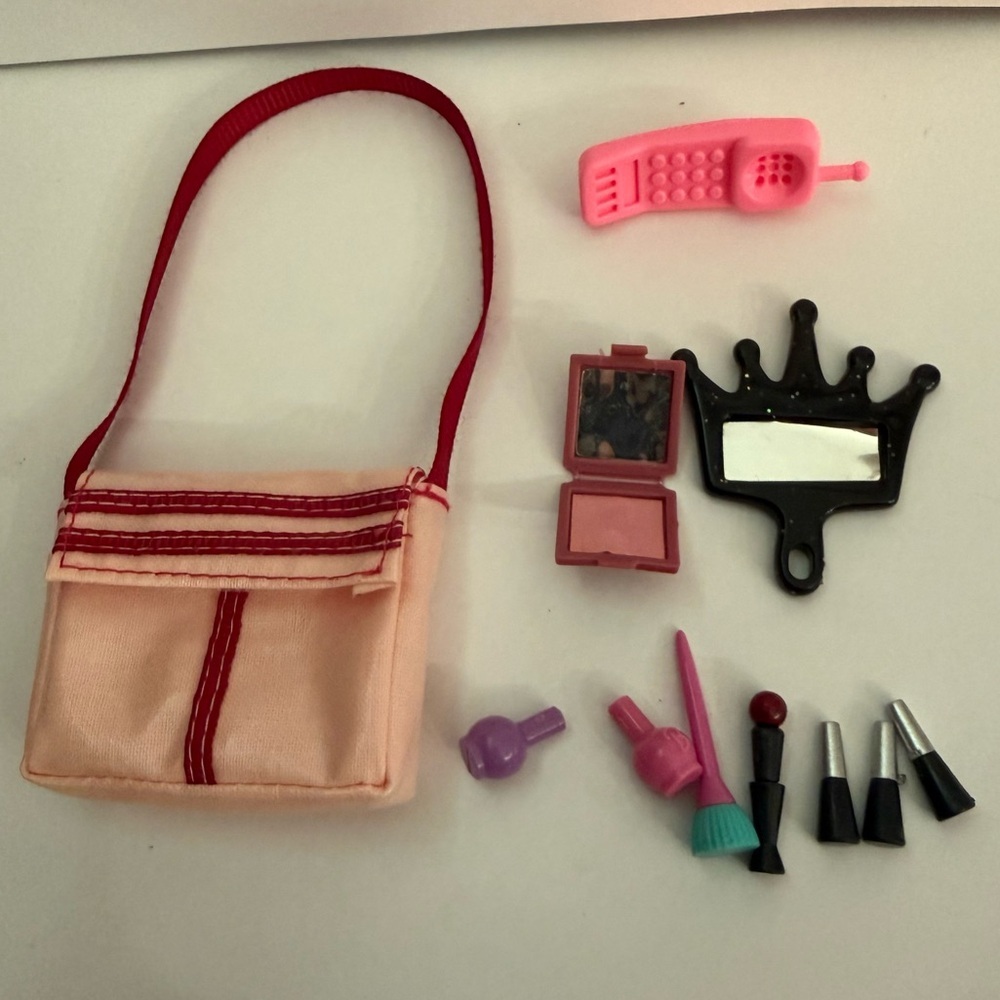 BARBIE 90’s VTG Pink and Red Miniature Bag with Makeup Accessories